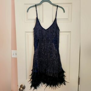 Blue sequin fringe feather dress